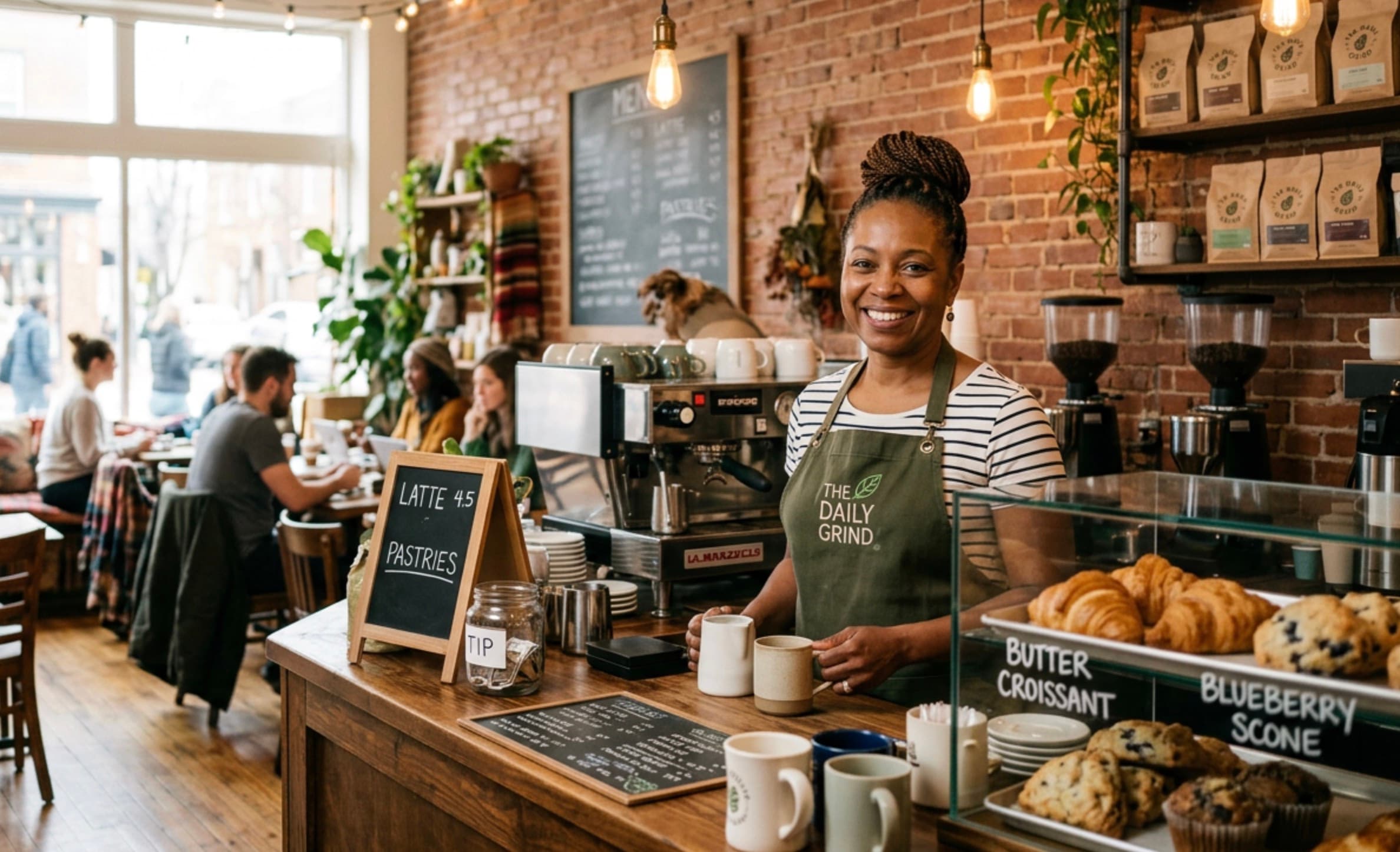 Team collaborating in a bright coffee shop
