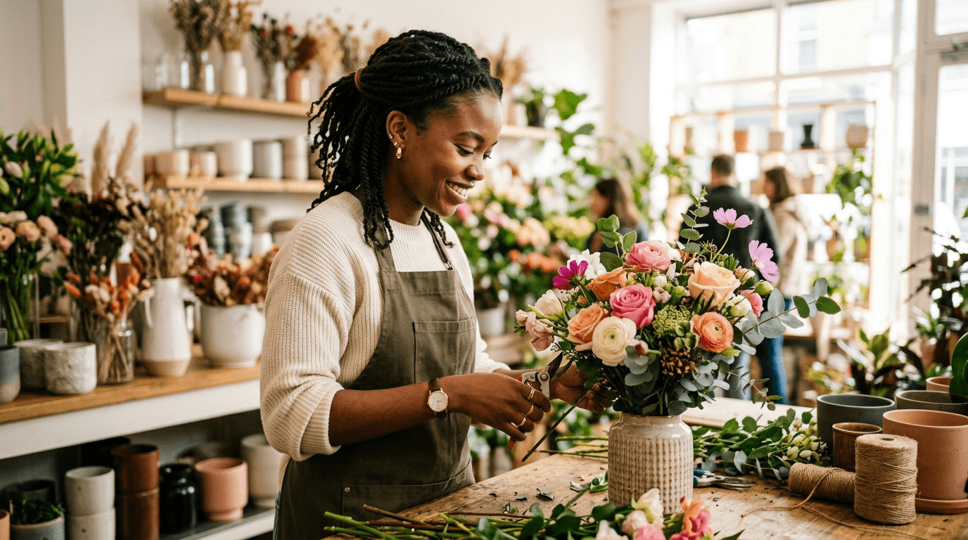 Florist arranging flowers in her shop